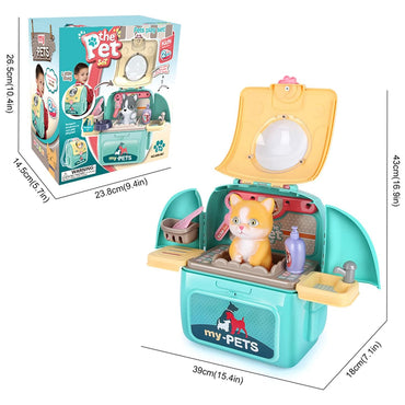 2-in-1 Aqua Yellow Animal Cat And Dog Bag Pretend Play Pet Care Set
