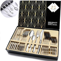 ( NET) Silverware Set Stainless Steel Flatware Silverware Set with Premium Gift box 24 pcs ( Silver)