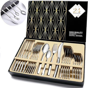 ( NET) Silverware Set Stainless Steel Flatware Silverware Set with Premium Gift box 24 pcs ( Silver)