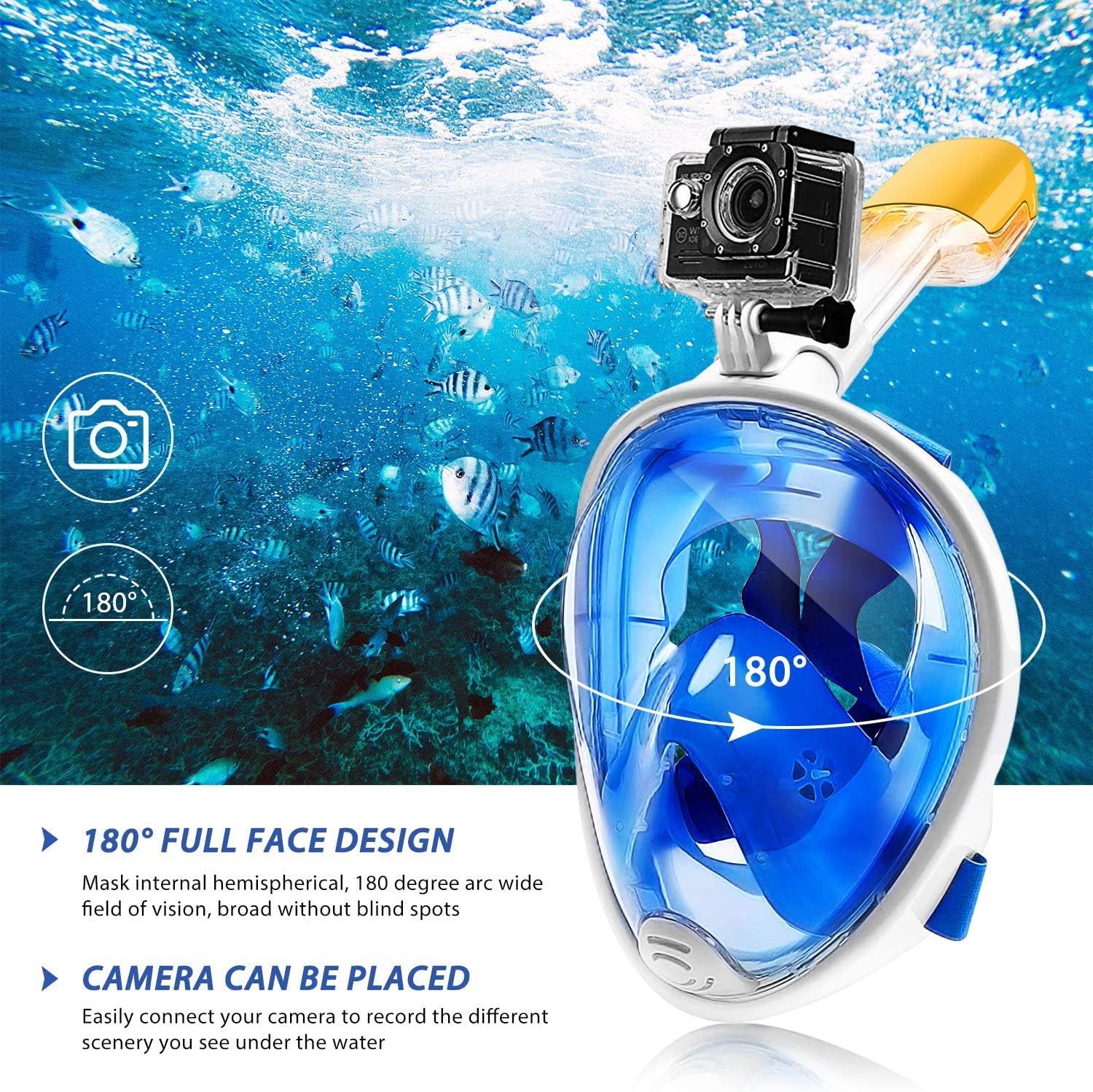 (Net) Overa Full Face 180° Snorkeling Mask Wide View Area Portable Snorkel Mask
