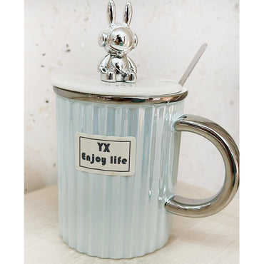 (Net) Elegant Ceramic Cup with Stainless Steel Handle and Matching Cap