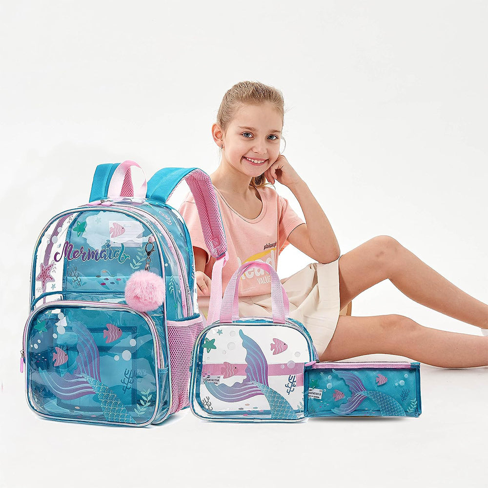 (NET) Mermaid Backpack 13" for Girls Backpack with Lunch Box Set for Elementary Kindergarten Student Kids Clear School Bag for Girls  Set 3 pcs / 14101-3