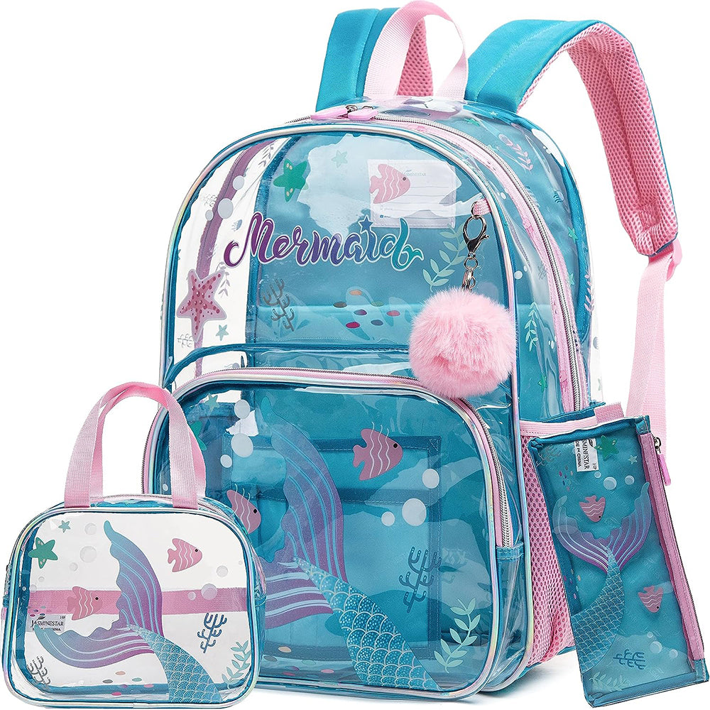 (NET) Mermaid Backpack 13" for Girls Backpack with Lunch Box Set for Elementary Kindergarten Student Kids Clear School Bag for Girls  Set 3 pcs / 14101-3