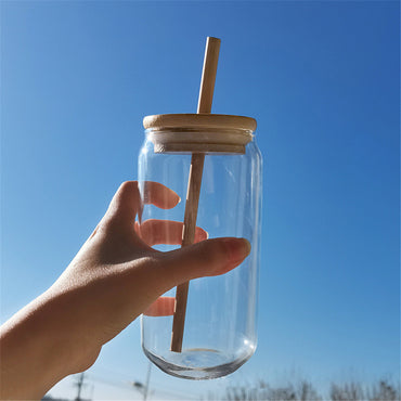 (NET) Can Glass Juice Water Cup With Bamboo Wood Lid And Plastic Straw 500 ml