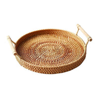 (NET) Rattan Decorative Serving Tray with Handle Kitchen Organizer