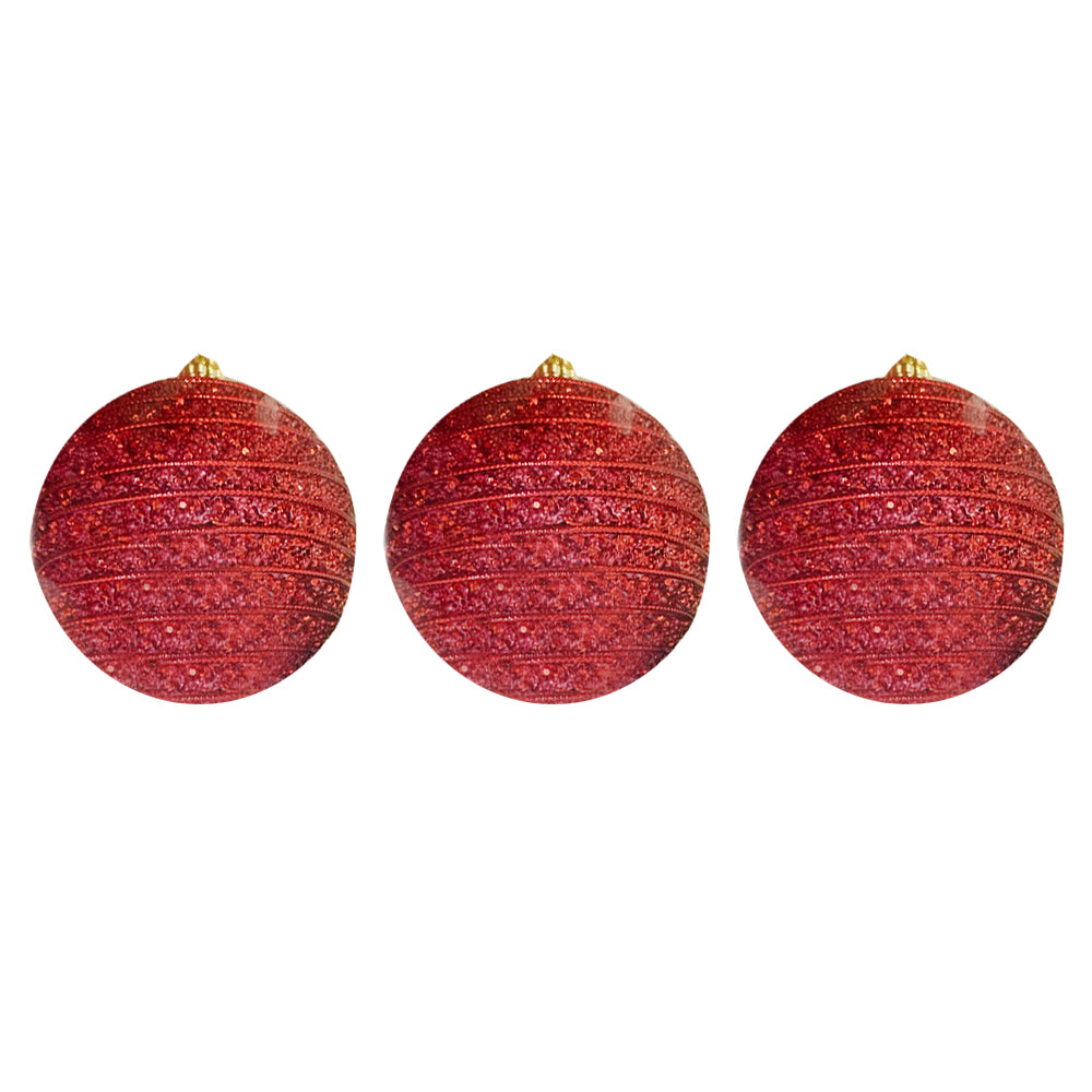 Red Striped Round Shaped Christmas Balls Set - Elegant Tree Decorations (3 Pcs)