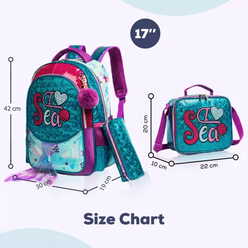 (NET) Eazy Kids-17inch School Bag Lunch Bag Pencil Case Set Of 3 Mermaid Sea - Green / 11505-3