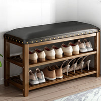 (Net)3-Tier Bamboo Shoe Rack Bench with Leather Seat - Your Stylish and Eco-Friendly Shoe Storage Solution / 003883