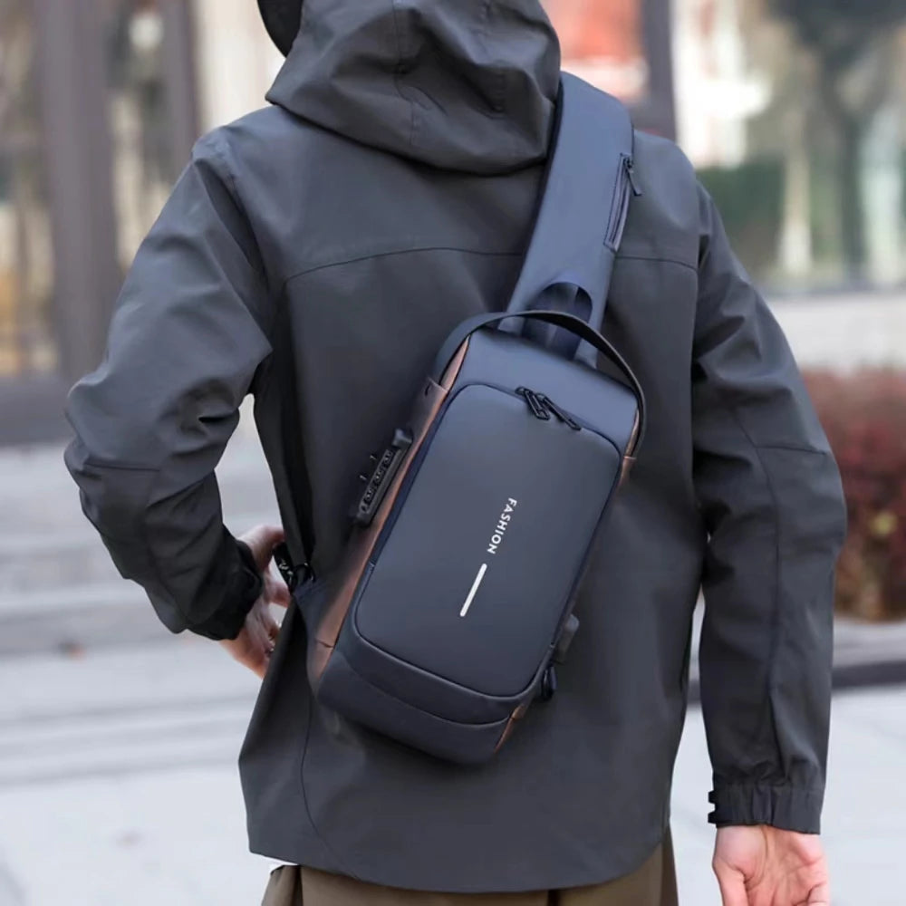 NET Fashionable Male Chest Bag with Smart Code Lock USB Port and
