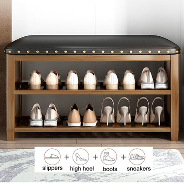 (Net)3-Tier Bamboo Shoe Rack Bench with Leather Seat - Your Stylish and Eco-Friendly Shoe Storage Solution / 003883