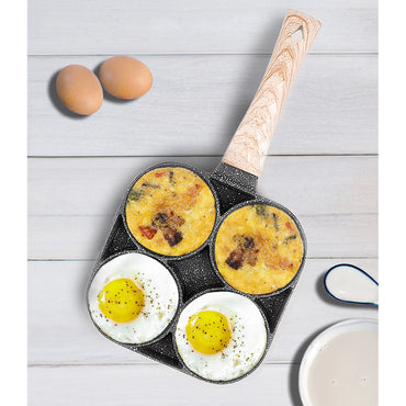 Non Stick 4 Hole Frying Pan -  With Wooden Handle