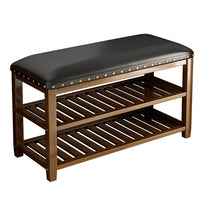 (Net)3-Tier Bamboo Shoe Rack Bench with Leather Seat - Your Stylish and Eco-Friendly Shoe Storage Solution / 003883