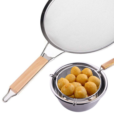 Generic Large Wooden Handheld Mesh Oil Strainer Stainless Steel Fry Basket Flour Sifter Sieve Colander Filter Kitchen Tools