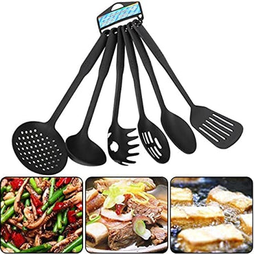 Kitchen Tool Set of 6Pcs - Cookware Spatula, Turner, Ladle, Spaghetti Server, Slotted & Solid Spoon.