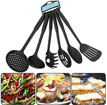 Kitchen Tool Set of 6Pcs - Cookware Spatula, Turner, Ladle, Spaghetti Server, Slotted & Solid Spoon.