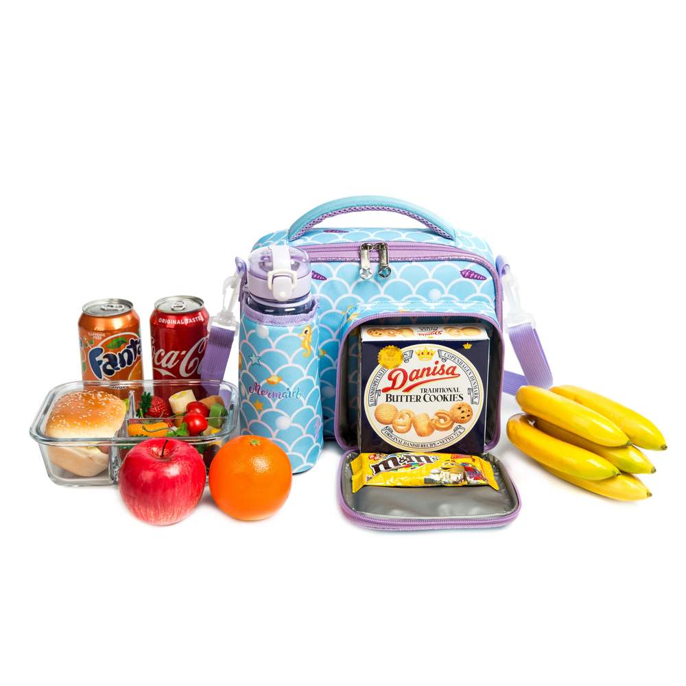 (NET) Mermaid Insulated Lunch Bag with Snack Pocket Bottle Holder