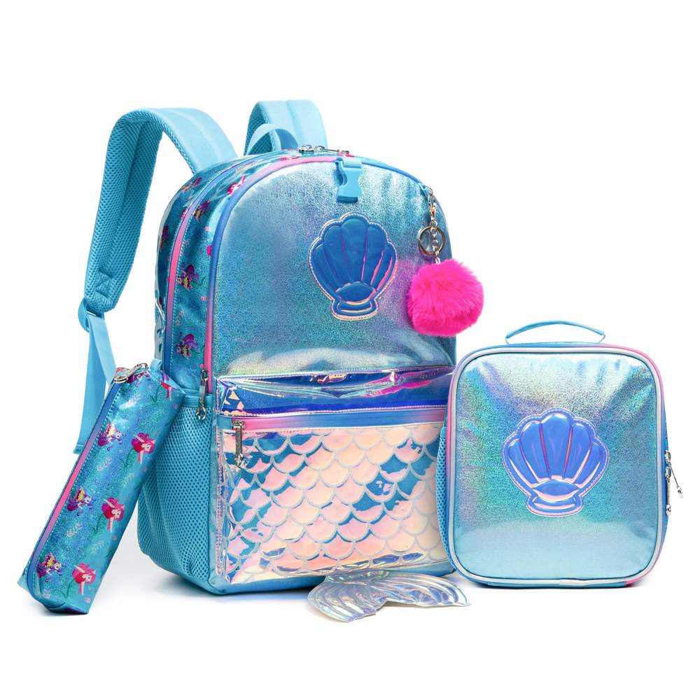 (NET) Mermaid Glitter Backpack With lunch Box Set Of 3 Pcs