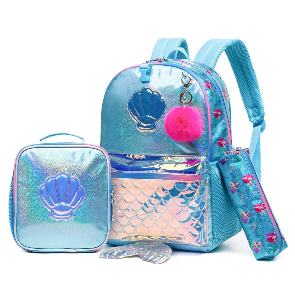 (NET) Mermaid Glitter Backpack With lunch Box Set Of 3 Pcs