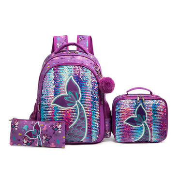 (NET) School Backpack Girls Sequin Backpack With Lunch Box Set Of 3 pcs / 1049-3