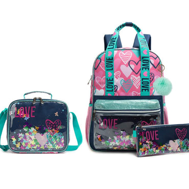 (NET) Sequin School Backpack For Girls Lunch Box Set of 3 Pcs