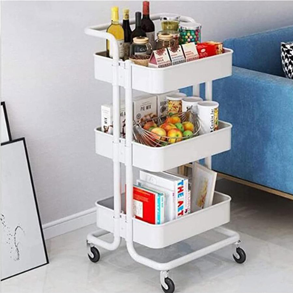 (Net) 3-Tier Metal Rolling Utility Cart with HandleMakeup Cart with Wheels Mobile Storage Serving Organizer for Kitchen Office Bar Salon - White