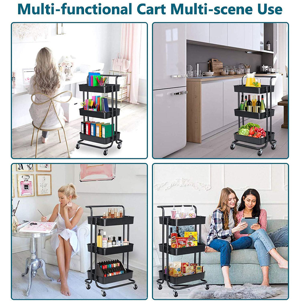 **NET** 3-Tier Metal Rolling Utility Cart with HandleMakeup Cart with Wheels Mobile Storage Serving Organizer for Kitchen Office Bar Salon - Black