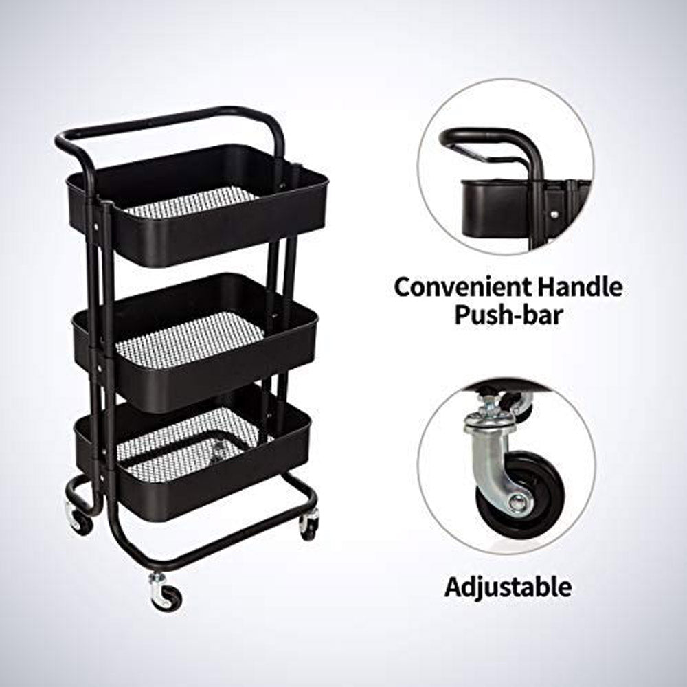 (Net) 3-Tier Metal Rolling Utility Cart with HandleMakeup Cart with Wheels Mobile Storage Serving Organizer for Kitchen Office Bar Salon - Black
