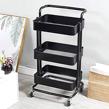 **NET** 3-Tier Metal Rolling Utility Cart with HandleMakeup Cart with Wheels Mobile Storage Serving Organizer for Kitchen Office Bar Salon - Black