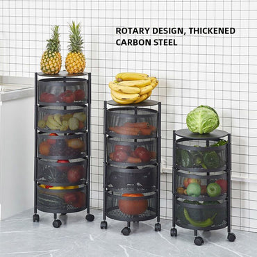 (Net) 5 Layer Round Basket Kitchen Rotating Storage Rack Storage Rack Fruit Vegetables Metal Storage Cages With Wheels Cart