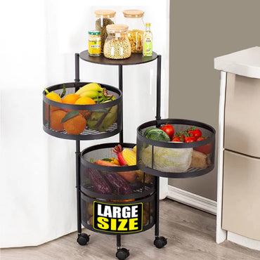 (Net) 4 Layer Round Basket Kitchen Rotating Storage Rack Storage Rack Fruit Vegetables Metal Storage Cages With Wheels Cart