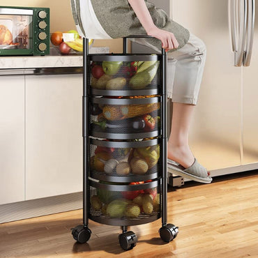 (Net) 4 Layer Round Basket Kitchen Rotating Storage Rack Storage Rack Fruit Vegetables Metal Storage Cages With Wheels Cart
