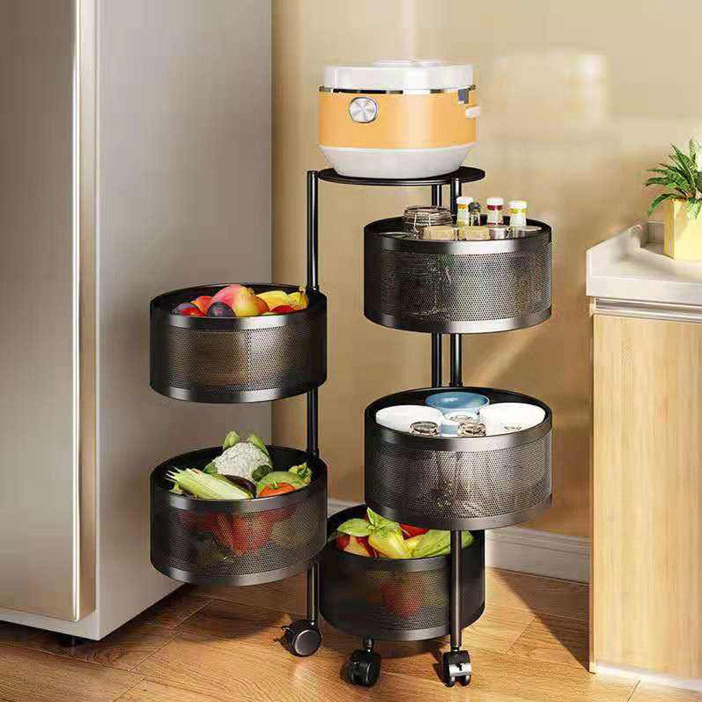 (Net) 5 Layer Round Basket Kitchen Rotating Storage Rack Storage Rack Fruit Vegetables Metal Storage Cages With Wheels Cart