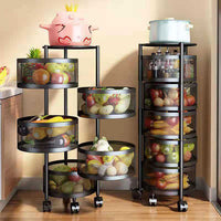(Net) 4 Layer Round Basket Kitchen Rotating Storage Rack Storage Rack Fruit Vegetables Metal Storage Cages With Wheels Cart
