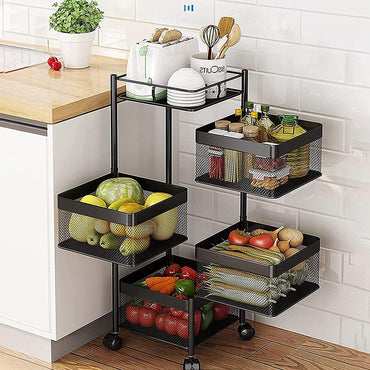 (Net) Rotating Multi-Layer Kitchen Storage Shelf 5 Tier Square Storage Rack with Wheels, Fruit Vegetable Storage Basket, Movable Household Storage Rack for Kitchen