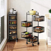 (Net) Rotating Multi-Layer Kitchen Storage Shelf 5 Tier Square Storage Rack with Wheels, Fruit Vegetable Storage Basket, Movable Household Storage Rack for Kitchen