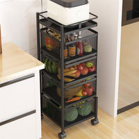 (Net) Rotating Multi-Layer Kitchen Storage Shelf 5 Tier Square Storage Rack with Wheels, Fruit Vegetable Storage Basket, Movable Household Storage Rack for Kitchen