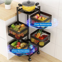 (Net) Rotating Multi-Layer Kitchen Storage Shelf 5 Tier Square Storage Rack with Wheels, Fruit Vegetable Storage Basket, Movable Household Storage Rack for Kitchen