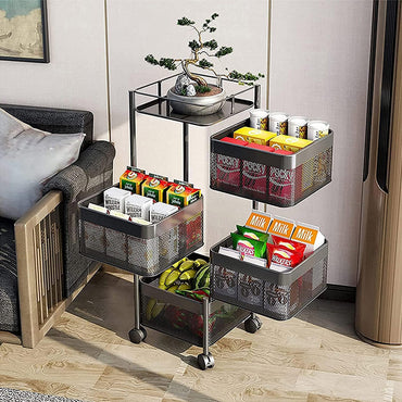 (Net) Rotating Multi-Layer Kitchen Storage Shelf 5 Tier Square Storage Rack with Wheels, Fruit Vegetable Storage Basket, Movable Household Storage Rack for Kitchen