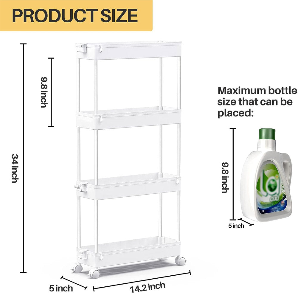 (Net) Modern Home 4 Tier Narrow Sliding Storage Organizer Rack for Laundry,Bathroom,Kitchen Rolling Cart (White)