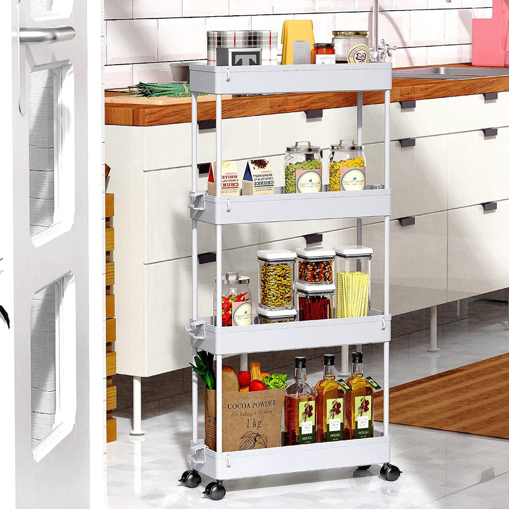 (Net) Modern Home 4 Tier Narrow Sliding Storage Organizer Rack for Laundry,Bathroom,Kitchen Rolling Cart (White)