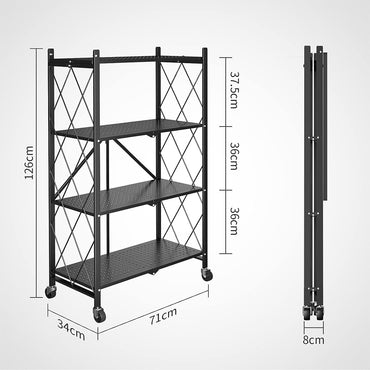 (Net) Folding Shelf 4-Tier Storage Shelves with Wheels Heavy Duty Shelving Unit Metal Shelves Organizer Rack for Kitchen, Garage, Home, Office..