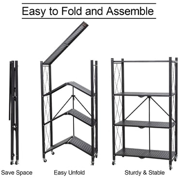 (Net) Folding Shelf 4-Tier Storage Shelves with Wheels Heavy Duty Shelving Unit Metal Shelves Organizer Rack for Kitchen, Garage, Home, Office..