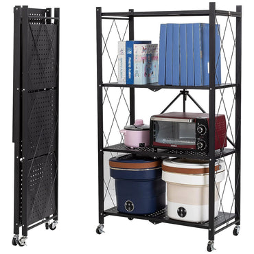 (Net) Folding Shelf 4-Tier Storage Shelves with Wheels Heavy Duty Shelving Unit Metal Shelves Organizer Rack for Kitchen, Garage, Home, Office..