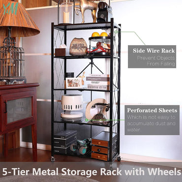 (Net) 5 Tier Storage Shelves  Foldable Storage Shelf Rack  Storage Shelving on Wheels for Kitchen Rolling Cart Garage Bathroom Organizer