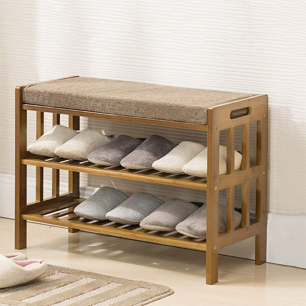 (Net) Natural Bamboo Shoe Rack Entryway Shelf with Cushion - Stylish and Versatile Shoe Storage Solution
