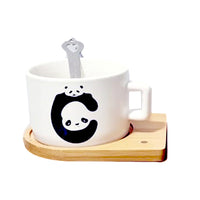 (Net) Charming Panda Ceramic Cup with Wooden Dish and Spoon