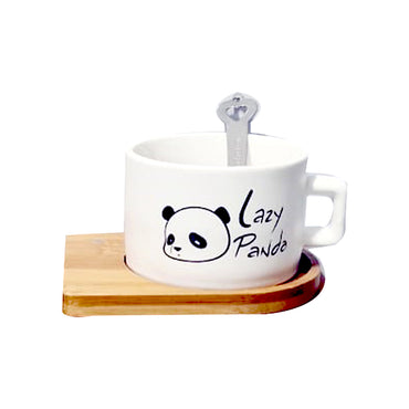 (Net) Charming Panda Ceramic Cup with Wooden Dish and Spoon