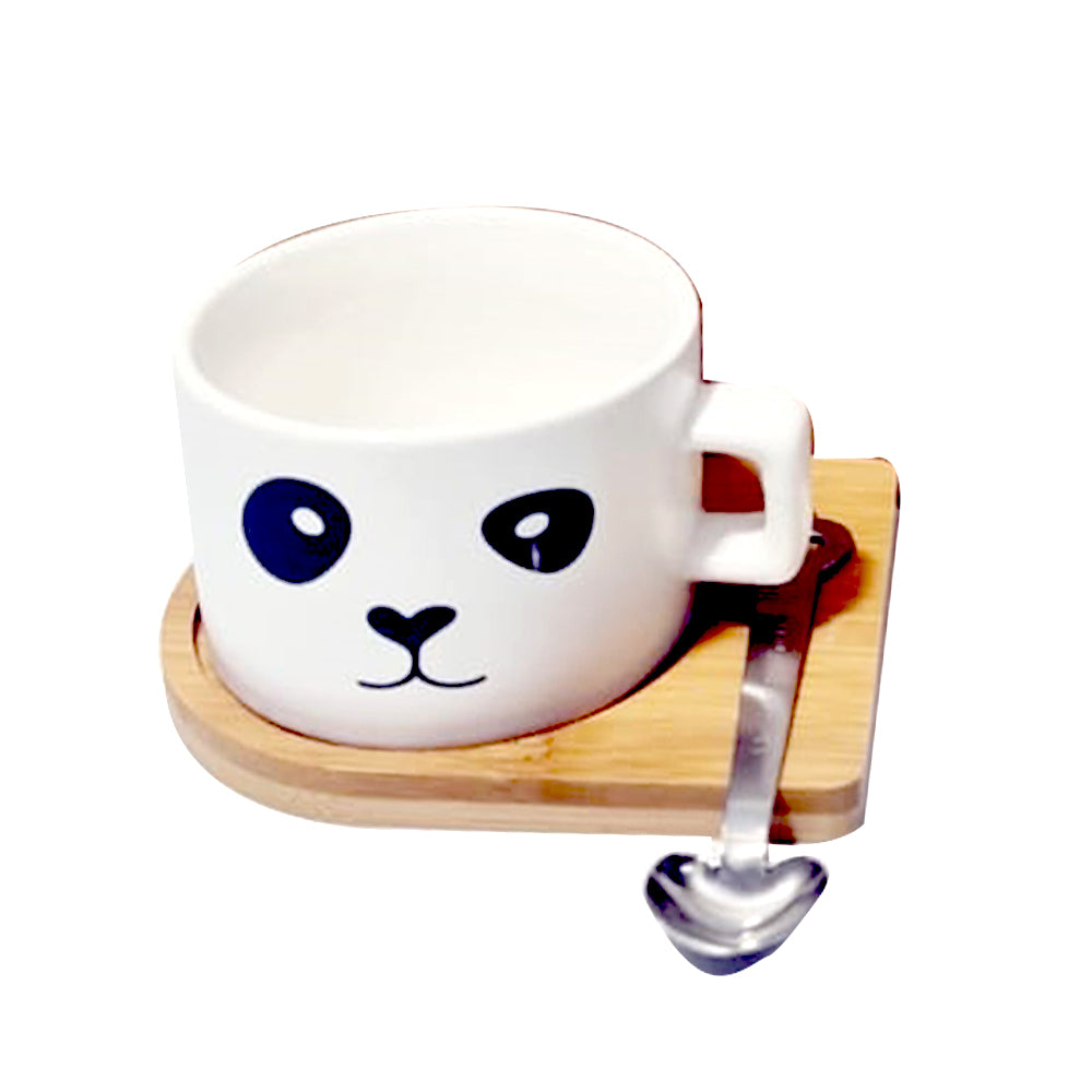 (Net) Charming Panda Ceramic Cup with Wooden Dish and Spoon