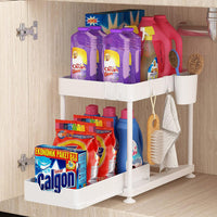Seasoning Rack Sink Organizer Extendible 2 Tier Under Sink Shelf with 4 Hooks