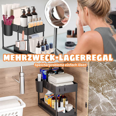 Seasoning Rack Sink Organizer Extendible 2 Tier Under Sink Shelf with 4 Hooks